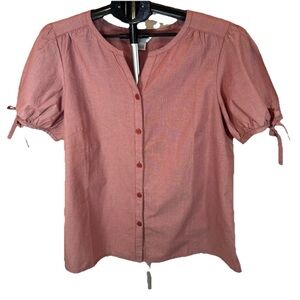 Christopher & Banks Red Button Down Tie bow Sleeve Sz L Girlhood Core Coquette